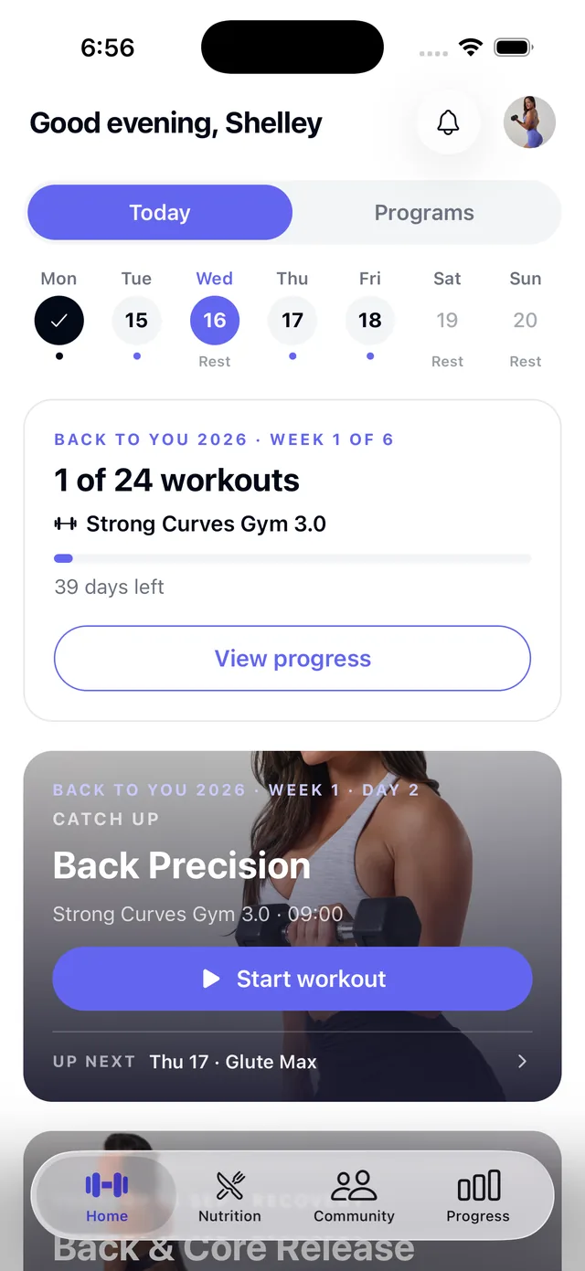 The Strong Curves home screen showing this week's training and today's workout