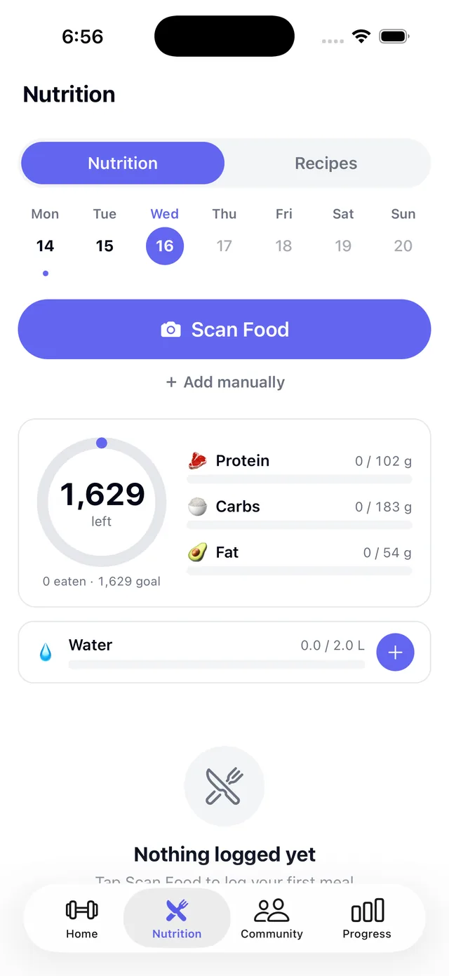The Strong Curves nutrition screen with the Scan Food button and the day's protein, carbs and fat