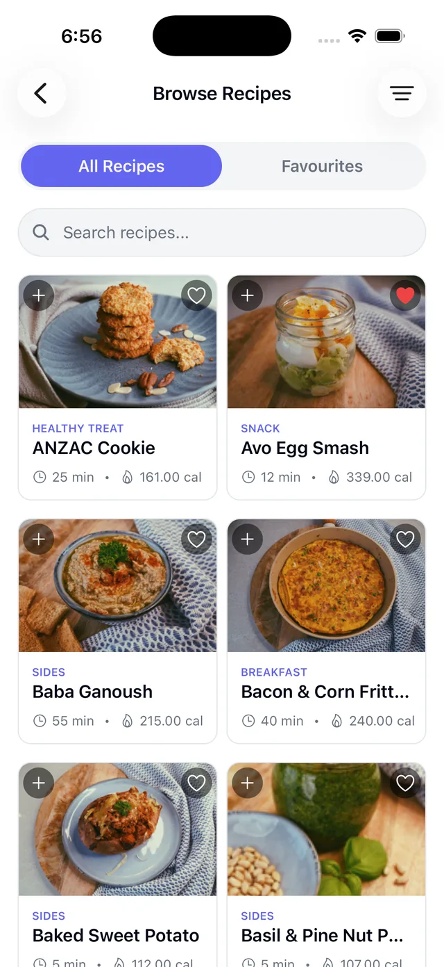 The Strong Curves recipe browser with cook times and calories on every card